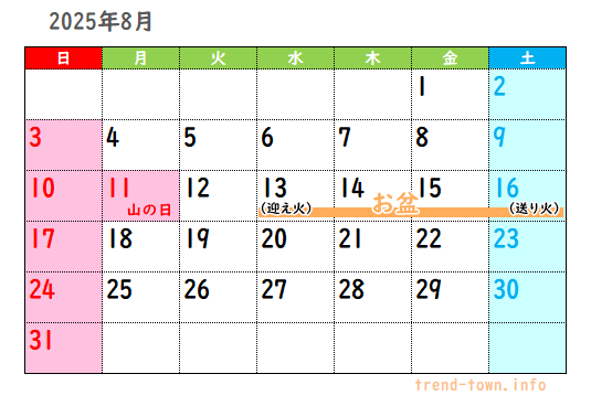 2025年お盆休みいつからいつまで